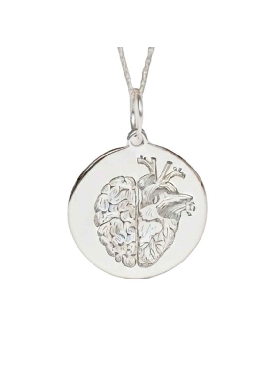 Heart & Brain Engraved Pendant Necklace, Sterling Silver Plated Brass Round Jewelry with 18 Inch Cable Chain, 28mm Engraved Design Pendant for Men & Women