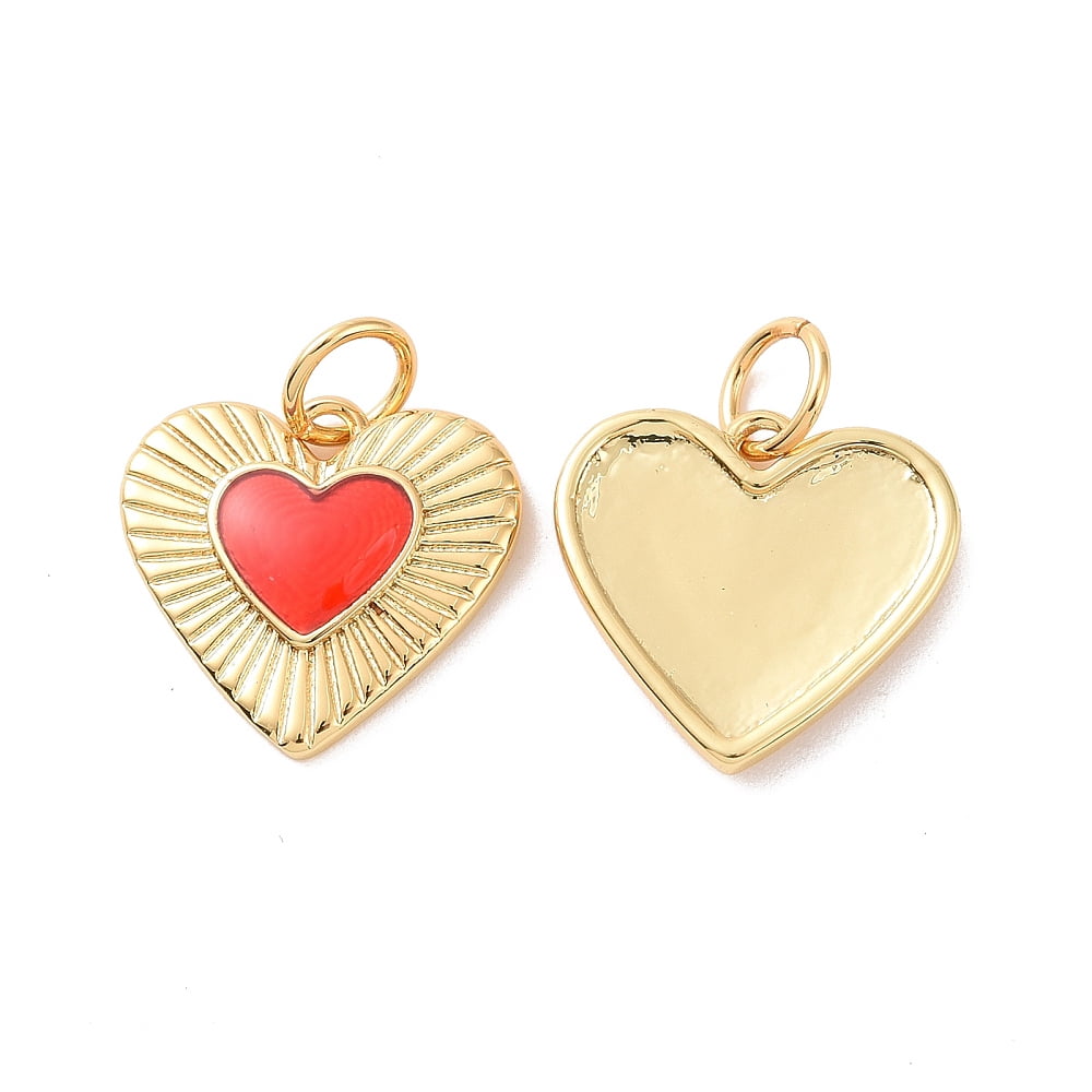 Heart Brass Enamel Pendants Real 18K Gold Plated with Jump Rings Cadmium Free & Nickel Free & Lead Free Red 13x13.5x2mm Hole: 3.4mm