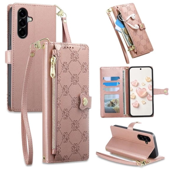 Heart Buckle PU Leather Wallet Case for Samsung Galaxy A56 5G 6.7", Multi-Card Slots, Zipper Coin Pocket, Detachable Wrist Strap, Shockproof Flip Phone Cover,Pink,For Galaxy A56 5G