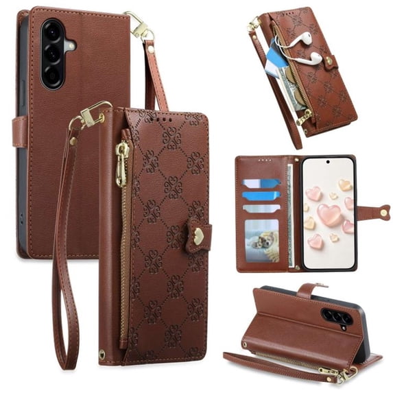 Heart Buckle PU Leather Wallet Case for Samsung Galaxy A56 5G 6.7", Multi-Card Slots, Zipper Coin Pocket, Detachable Wrist Strap, Shockproof Flip Phone Cover,Brown,For Galaxy A56 5G