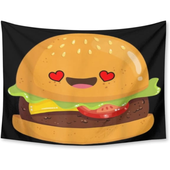 Heart Burger Funny Food Lover Cheeseburger Valentine Tapestry, Aesthetic Home Decor Wall Hanging, Soft Polyester Fabric, 30 x 40 Inch
