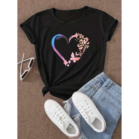 Heart & Butterfly Print Casual T-Shirt, Round Neck Short Sleeves Soft Sporty Tee, Women's Clothing