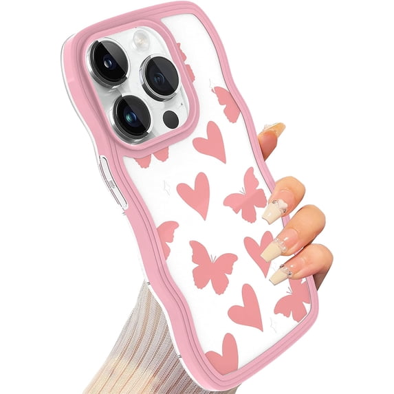 Heart and Butterfly Print Cute Wave Case, Compatible with iPhone 14 Pro Phone Case for Women, Cute Curly Wave Frame Shape Shockproof Soft Case for iPhone 14 Pro Case- Pink