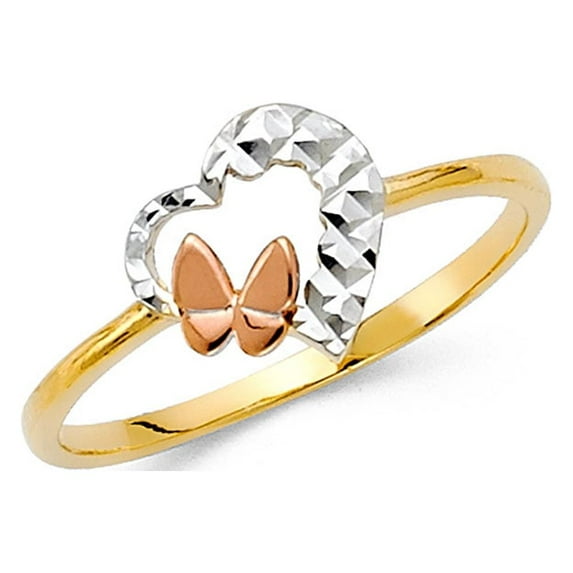 Heart & Butterfly Ring Solid 14k Yellow & White Gold Diamond Cut Polished Fancy Two Tone 10MM Size 6.5