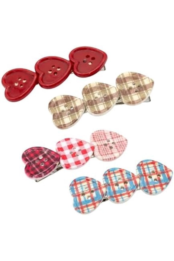 Heart Button Hair Clips Snap Clips,4-Pack Cute Preppy Barrettes for Women,Y2k Gingham Hairpins for Thin Fine Thick Hair Accessories