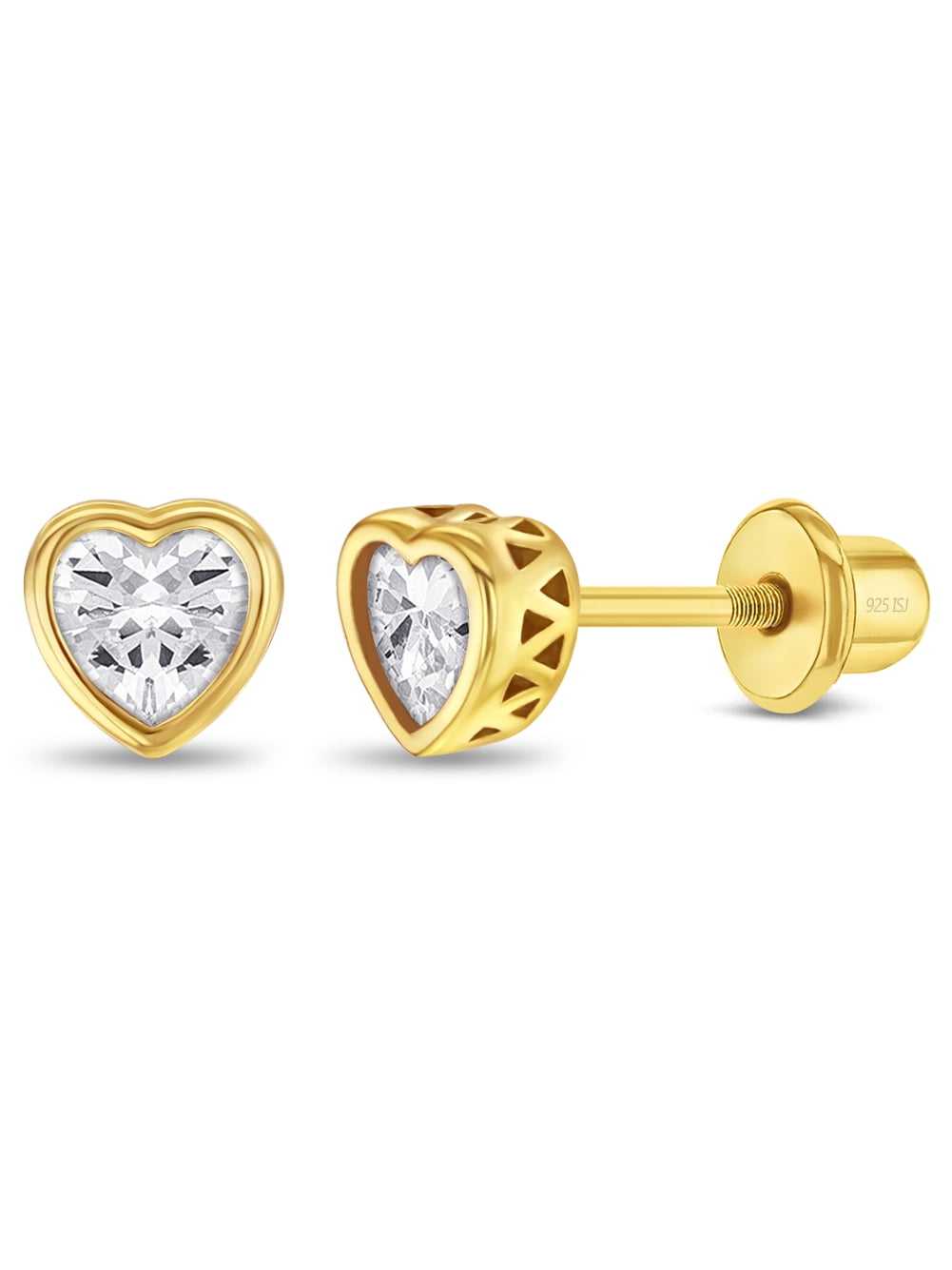 Heart CZ Bezel Clear Kids Earrings Screw Back - Sterling Silver Gold Plated