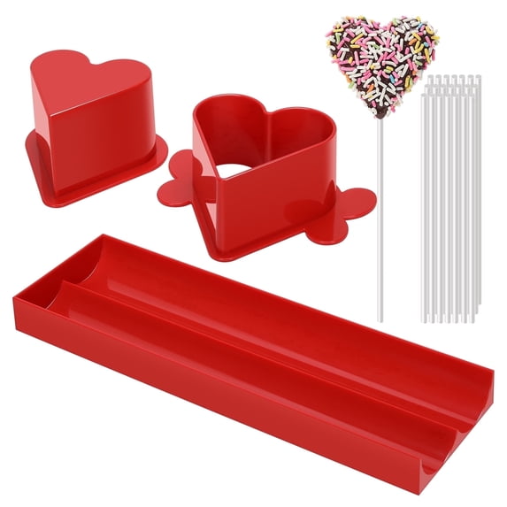 Heart Cake Pop Mold Set with 9 Inch Tray and Sticks, Circle Cake Pop Cutter and Pusher, Baking Molds Kit for Parties, Wedding,Home Desserts Making - Red