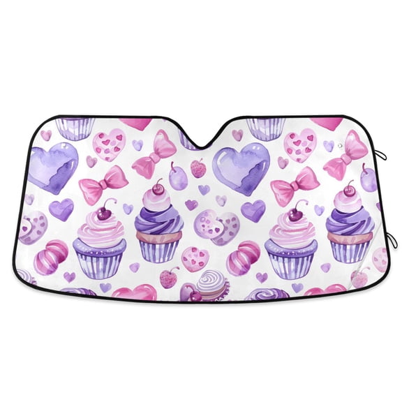 Heart Candy Cupcakes Bow Car Windshield Sun Shade Foldable Car Front Window Visor Heat and UV Protection 53x23.5