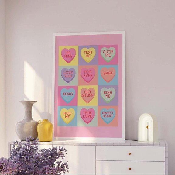 Heart Candy Cute Valentines Decor Pastel Pink Heart Candy Wall Art, Stretched Canvas 12x16in