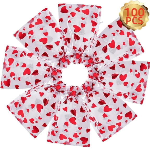 Heart Candy Organza Jewelry Pouches, 3.1 x 4 inch Drawstring Bags for Jewelry Packaging, Valentine's Day, Weddings, and Festive Parties, Red