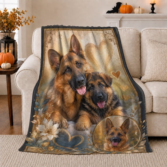 Heart Canine Portrait Nostalgic Digital Illustration Of Two, Cozy Pet Portrait Pattern, Warm Flannel Blanket for Living Room and Reading Nook, Dog Lovers Friendship Gift, Pet Lover Home Decor
