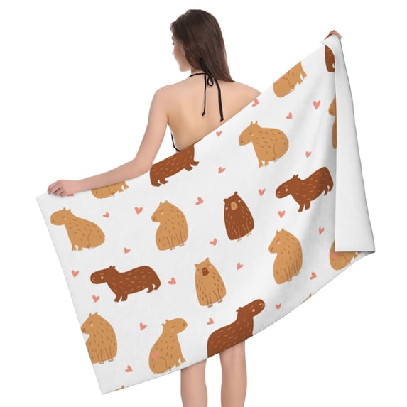 Heart Capybara White Bath Towel, Highly Absorbent towels for bathroom Quick Drying Microfiber Bath Towels for Body, Soft Shower Towels for Sport, Yoga, SPA, Gym 27x55in