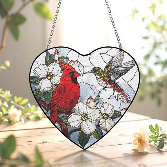 Heart Cardinal & Hummingbird Stained Glass Suncatcher/Bird Flower Window Hanging/Gift for Mom, Grandma or Bird Lover/Nature Art Home Decor