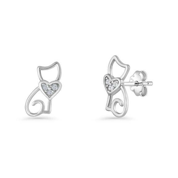 Heart Cat Stud Earring CZ 925 Sterling Silver 11mm