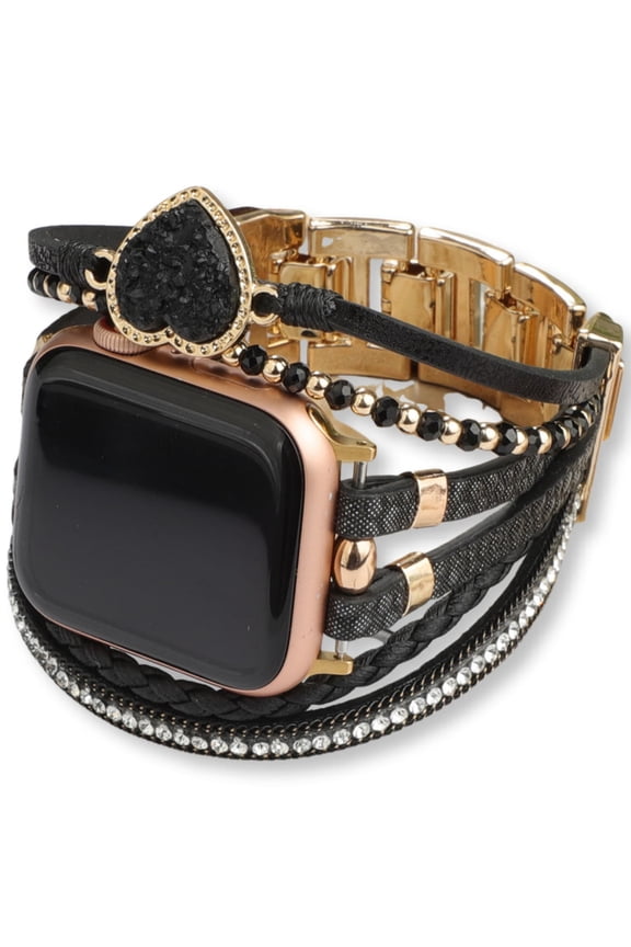 Heart Charm Bands for Apple Watch 49mm 45mm 44mm 42mm 41mm 40mm 38mm, Rhinestone Chain Boho Bracelet Strap Multi-Strand Leather Compatible with iWatch Series 10 9 8 7 6 5 4 3 2 SE Ultra