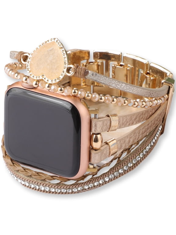 Heart Charm Bands for Apple Watch 49mm 45mm 44mm 42mm 41mm 40mm 38mm, Rhinestone Chain Boho Bracelet Strap Multi-Strand Leather Compatible with iWatch Series 10 9 8 7 6 5 4 3 2 SE Ultra