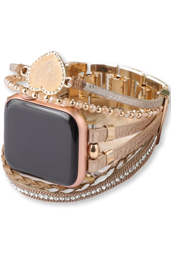 Heart Charm Bands for Apple Watch 49mm 45mm 44mm 42mm 41mm 40mm 38mm, Rhinestone Chain Boho Bracelet Strap Multi-Strand Leather Compatible with iWatch Series 10 9 8 7 6 5 4 3 2 SE Ultra