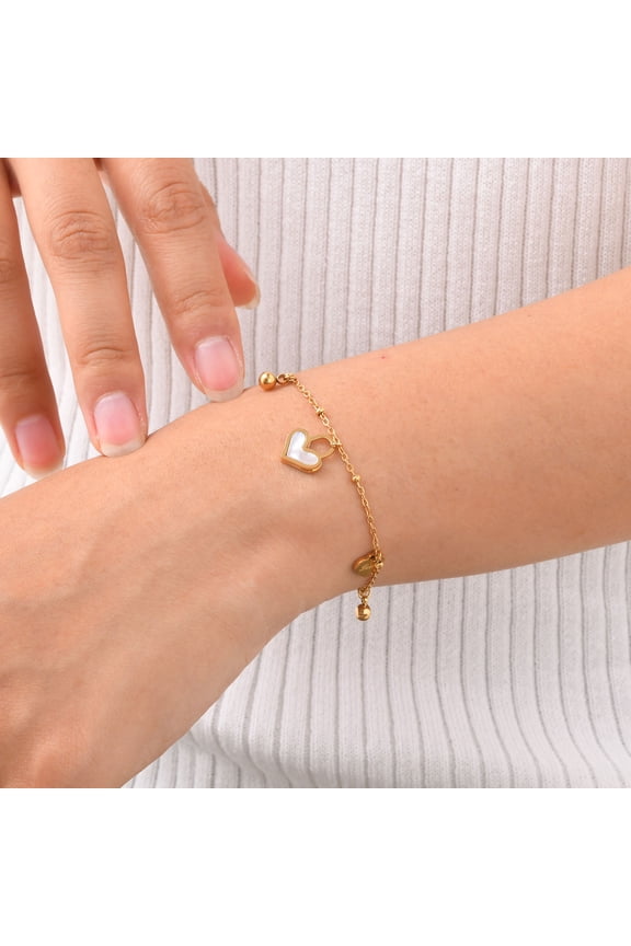 Heart Charm Bracelet for Women, 18k Gold Plated Stainless Steel Chain Bracelets with Shell Heart, Adjustable Womens Link Bracelet Jewelry Gifts
