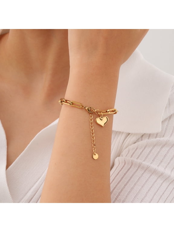 Heart Charm Bracelets for Women-Dainty 18K Gold Plated Link Chain Bracelet, Stainless Steel Womens Gold Bracelets Jewelry Gifts