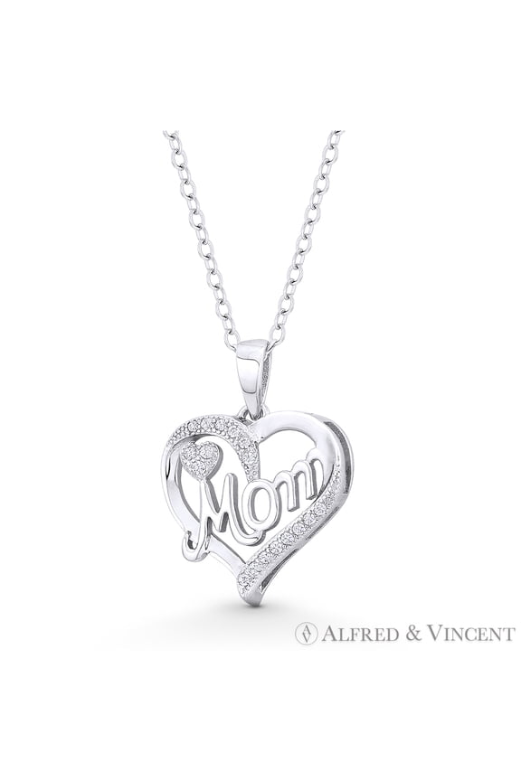 Heart Charm CZ Crystal Pave & Cursive "Mom" Script Pendant & Chain Necklace in .925 Sterling Silver w/ Rhodium
