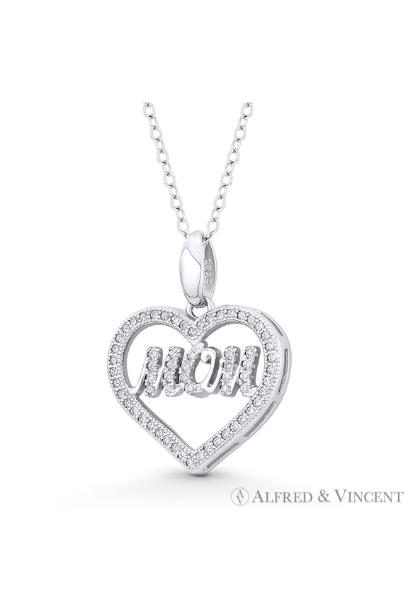 Heart Charm CZ Crystal Pave & Cursive "Mom" Script Pendant & Chain Necklace in .925 Sterling Silver w/ Rhodium