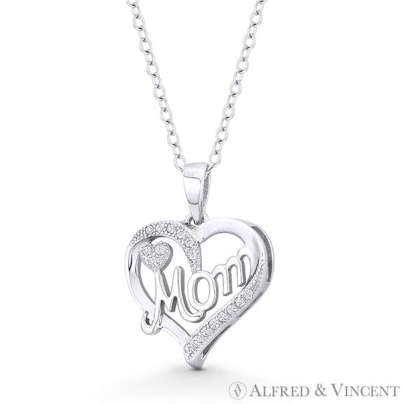 Heart Charm CZ Crystal Pave & Cursive "Mom" Script Pendant in .925 Sterling Silver w/ Rhodium