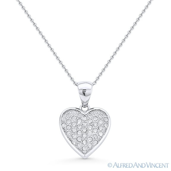 Heart Charm CZ Crystal Pave Pendant & Chain Necklace in .925 Sterling Silver w/ Rhodium