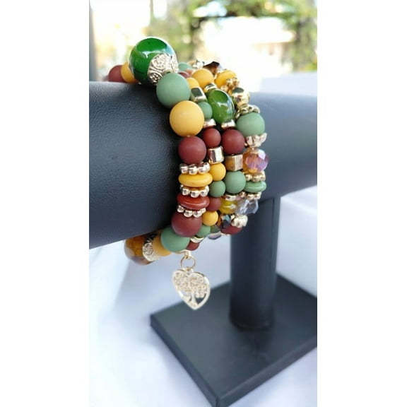 Heart Charm Crystal Bracelet Set- Green and Gold, Multicolor Adjustable Beaded Fashion Jewelry