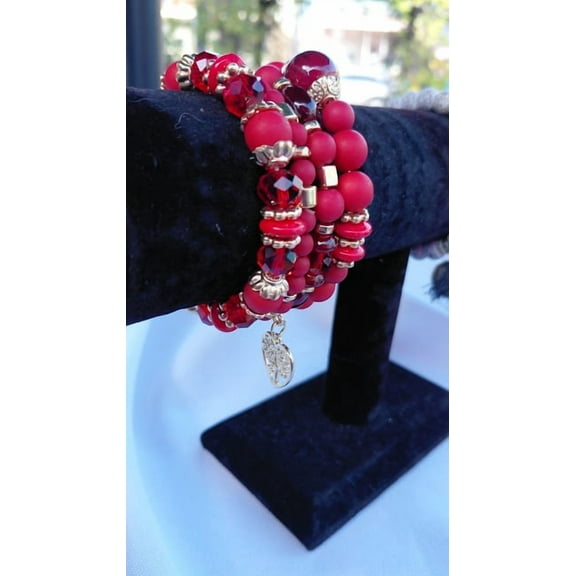 Heart Charm Crystal Bracelet Set - Red, Adjustable Beaded Fashion Jewelry