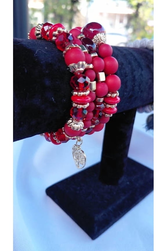 Heart Charm Crystal Bracelet Set - Red, Adjustable Beaded Fashion Jewelry
