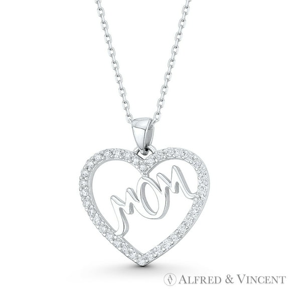 Heart Charm Cubic Zirconia CZ Crystal Pave & "Mom" Script Mother's Day Pendant in .925 Sterling Silver w/ Rhodium