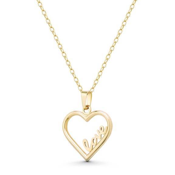 Heart Charm & "Love" Cursive Script 20x16mm (0.8x0.6in) Pendant in 14k Yellow Gold