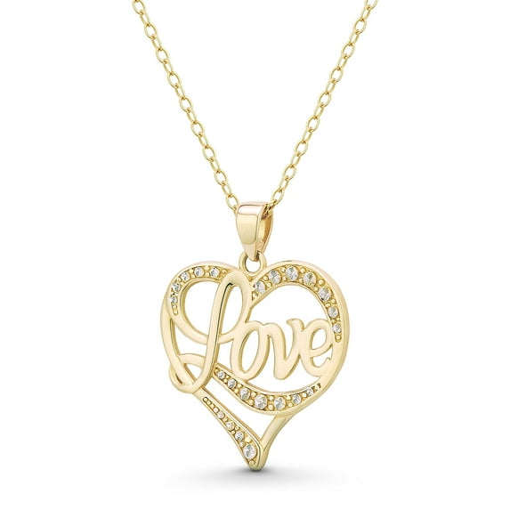 Heart Charm & "Love" Cursive Script 27x21mm (1.1x0.8in) Pendant & Chain Necklace in 14k Yellow Gold