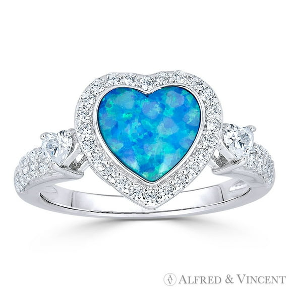 Heart Charm Synthetic Opal & CZ Crystal Right-Hand Ring in .925 Sterling Silver w/ Rhodium