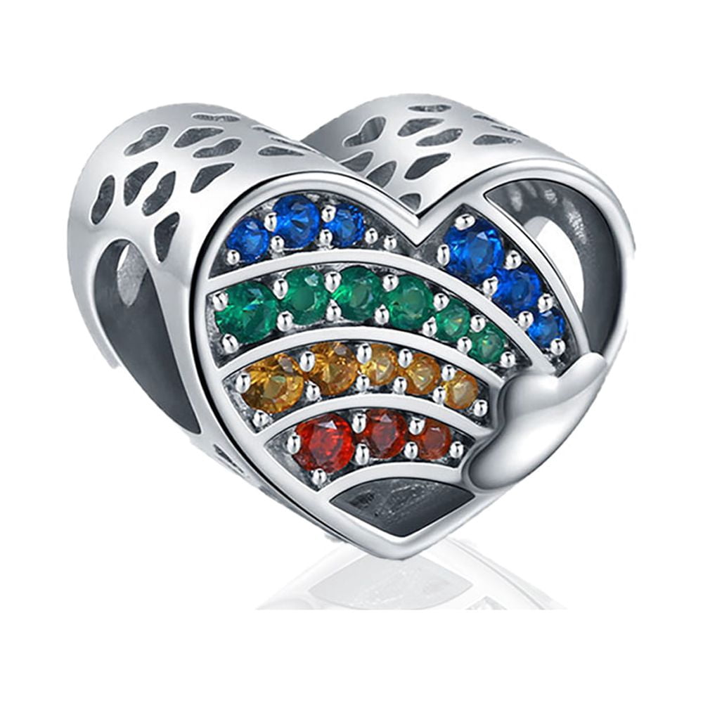 Heart Charm for Women European Bracelet Bead Sterling Silver Rainbow CZ Ginger Lyne Collection