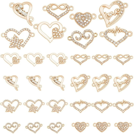 Heart Charms 32pcs 8 Styles Alloy Heart Shape Heart Link Connector Beads with Rhinestone Heat Pendants for DIY Earrings Bracelets Necklaces Jewelry DIY Craft Making Light Gold
