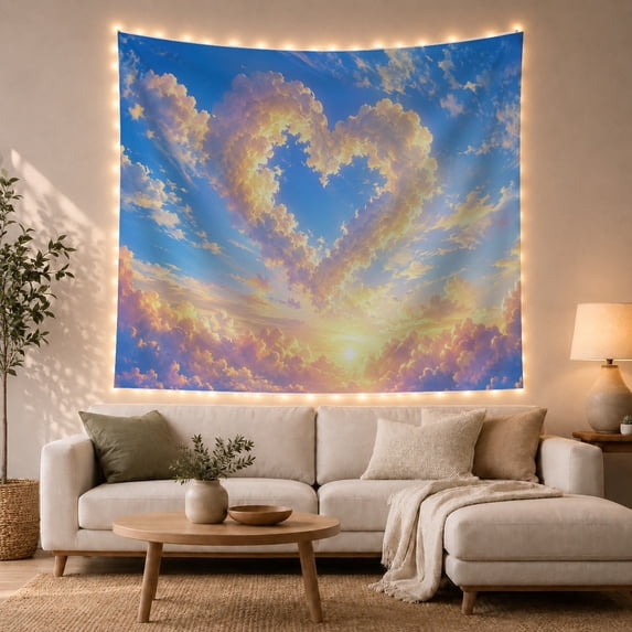 Heart Clouds in a Bright Blue Sky with Sunlit Glow, Dreamy Celestial for Romance Lovers, Romantic Ethereal Wall Art, Valentine's Day Gift Tapestry Wall Hanging for Bedroom and Nursery
