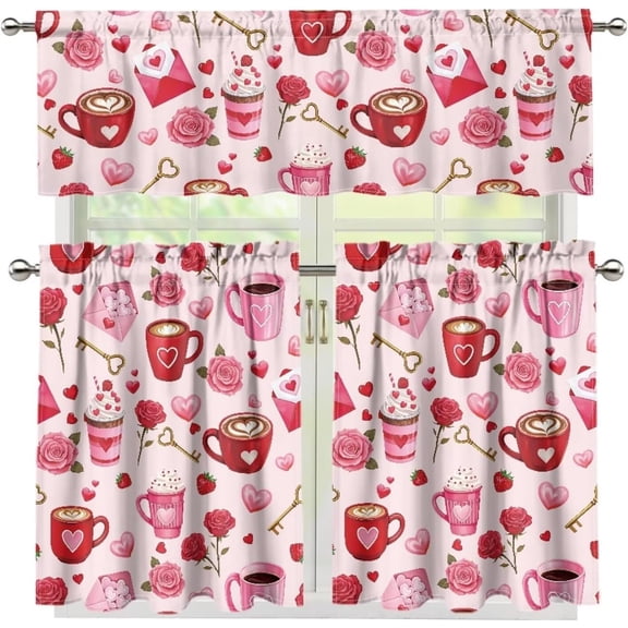 Heart Coffee Cup Kitchen Window Curtains Valance and Tier Set 36 Inch, Valentine''s Day Rod Pocket Short Tier Curtain, Floral Small Cafe Drapes for Kitchen Decor