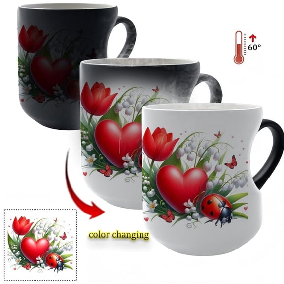 Heart Coffee Mug, Heart-Shaped Color Changing Magic Ceramic Mug, Funny Valentines Coffee Cup With Heart Handle, Surprise Design When Filled With Hot Beverage, Romantic Gift for Women Mom Her, D