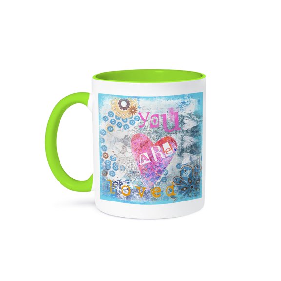 3drose, Heart Collage with Text You Are Loved, 11oz Two-tone Green Mug
