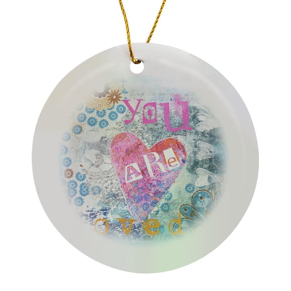 3drose, Heart Collage with Text You Are Loved, Circle Porcelain Ornament