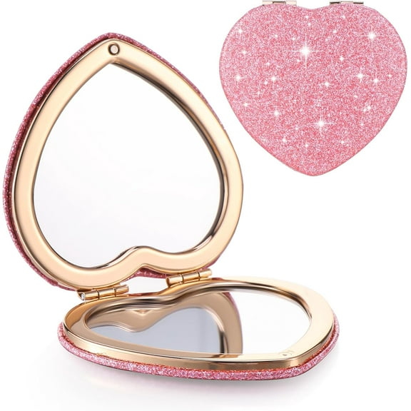 Heart Compact Mirror Cute Compact Mirror Heart Shaped Magnifying Mini Vanity Cosmetic Mirror Portable Double-Sided Cute Glitter Mirror For Pocket Purse Wallet Handbag Women Home Office Gift (Gold)