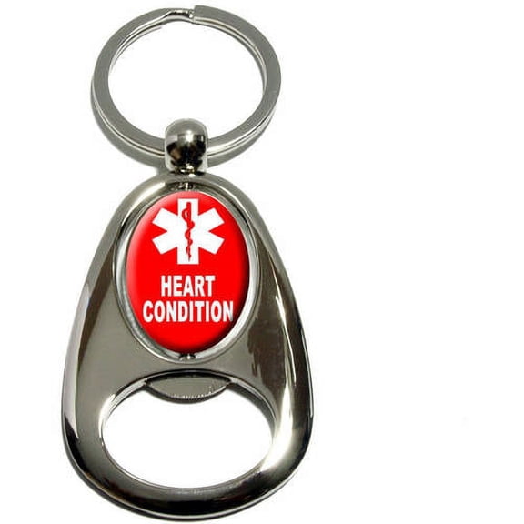 Heart Condition, Medical Emergency, Star of Life, Chrome Plated Metal Spinning Oval Design Bottle Opener Keychain Key Ring