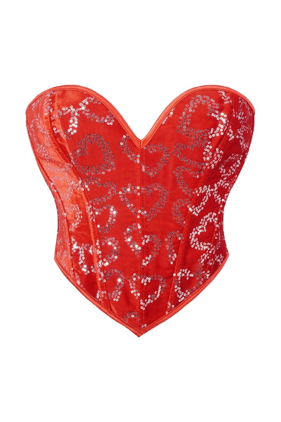 Heart Corset Top for Women Steel Boned Going Out Strapless Crop Top Sequin Plunge Neckline Overbust Bustier