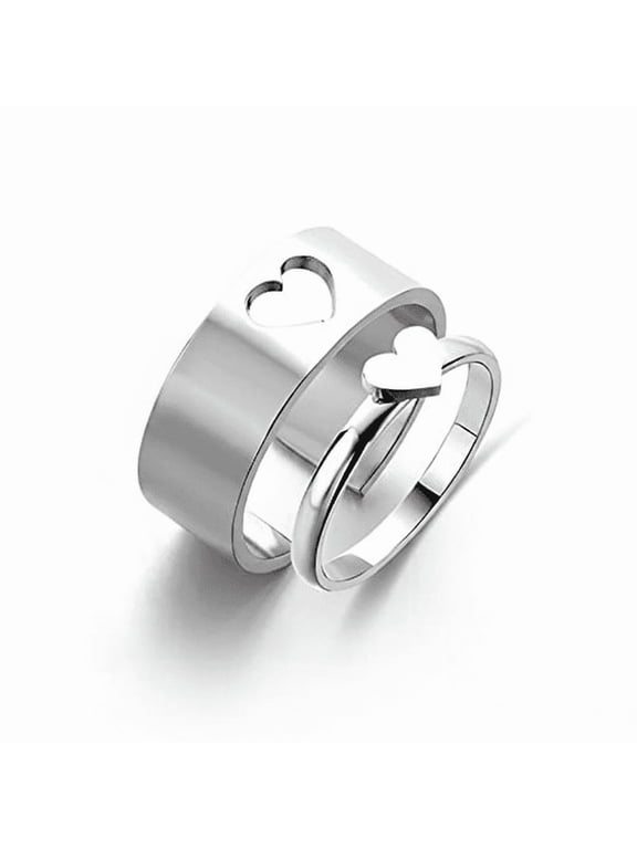 Heart Couple Rings Adjustable Stainless Steel Open Band Ring Set Pack of 2 Silver Tone Matching Promise Rings Minimalist Korean Style Friendship Fashion Jewelry for Women Men