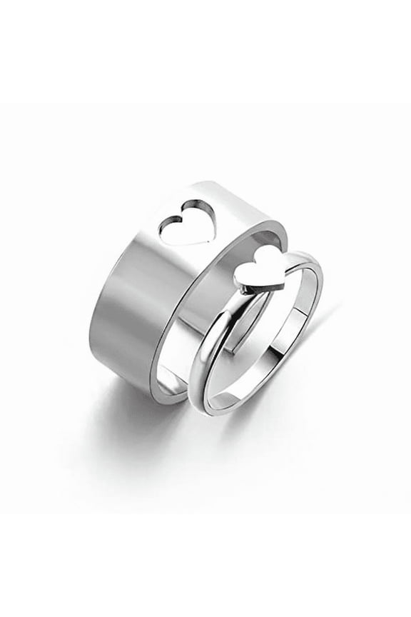 Heart Couple Rings Adjustable Stainless Steel Open Band Ring Set Pack of 2 Silver Tone Matching Promise Rings Minimalist Korean Style Friendship Fashion Jewelry for Women Men