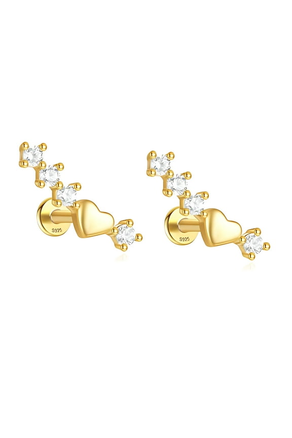 Heart Crawler CZ Flat Back Earrings for Cartilage Helix Tragus Lobe Gold Plated Sterling Silver 1 pair by Ginger Lyne