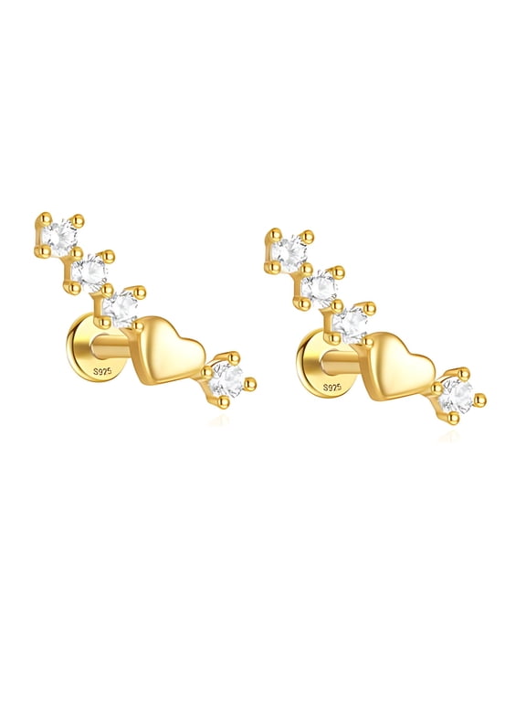 Heart Crawler CZ Flat Back Earrings for Cartilage Helix Tragus Lobe Gold Plated Sterling Silver 1 pair by Ginger Lyne