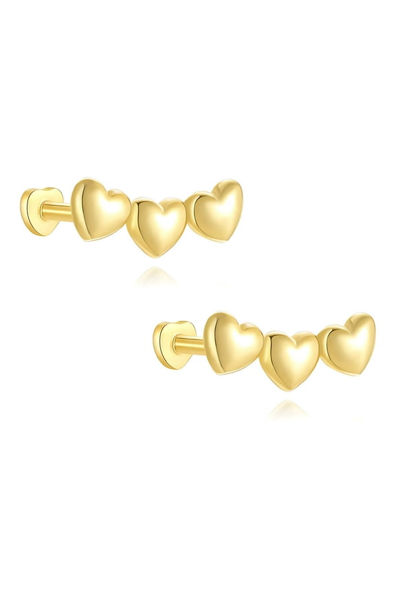 Heart Crawler Flat Back Earrings for Cartilage Helix Tragus Lobe Gold over Sterling Silver Studs Pair by Ginger Lyne