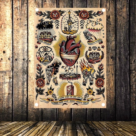 Heart Creative Tattoo Art Posters and Prints Wall Chart Tapestry Vintage Wall Art Banner Hanging Flag Canvas Painting Tattoo Studio Room Home Decoration,38X57 inches